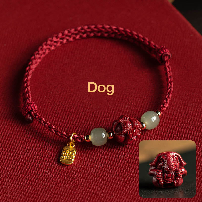 Buddha Stones Naturalny Cynober Chiński Zodiak Hetian Jade Fu Charakter Szczęścia Bransoletka Lina