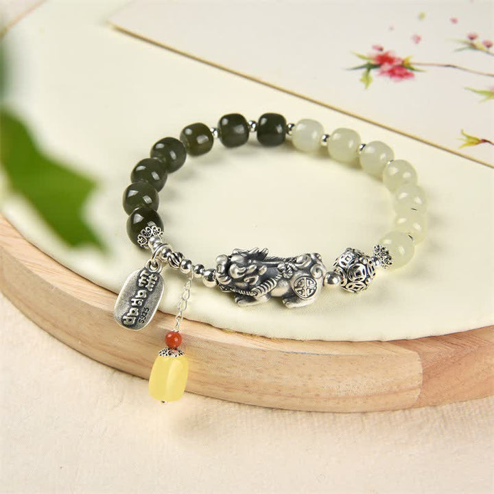 Buddha Stones 925 Srebro Sterling Naturalny Hetian Jade Bursztyn Bransoletka PiXiu Luck