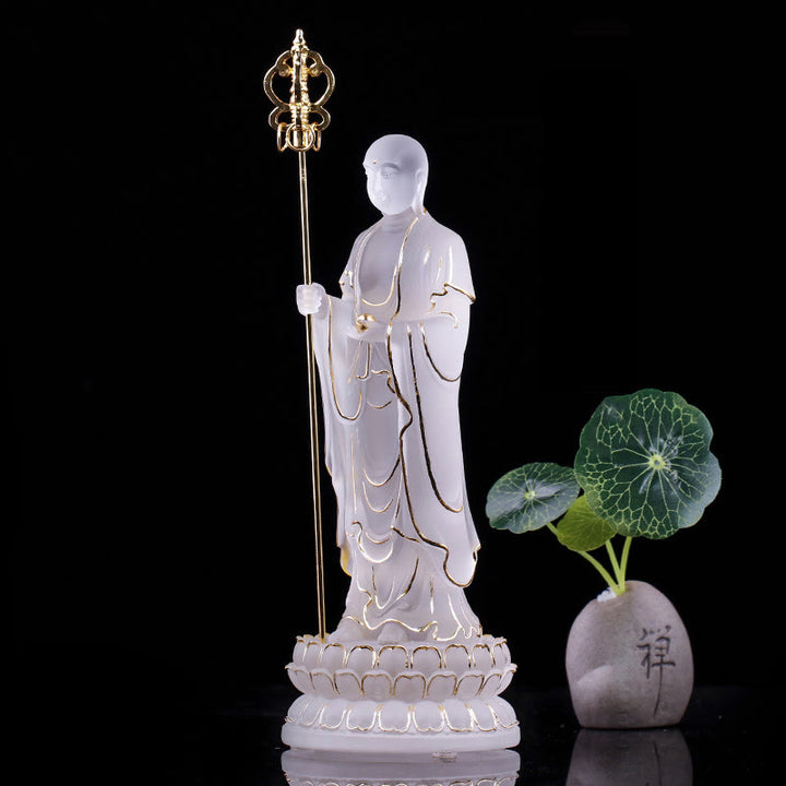Buddha Stones ręcznie robione Ksitigarbha Bodhisattwa figurka Liuli kryształowe dzieło sztuki posąg spokoju dekoracja domu - Biało-złoty 7,8*7,8*20 cm - image 13