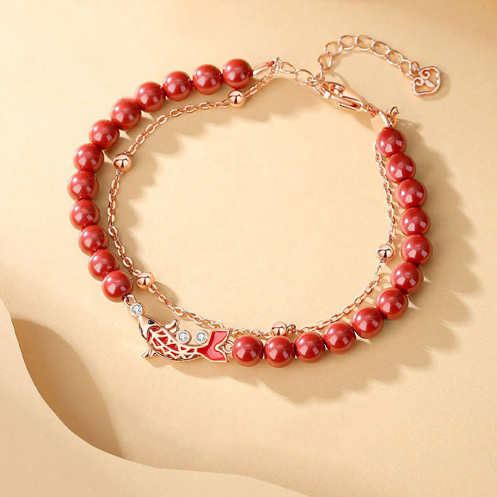 Bransoletka z podwójnym łańcuszkiem Buddha Stones 925 Sterling Silver Lucky Koi Fish Cinnabar Zircon Prosperity