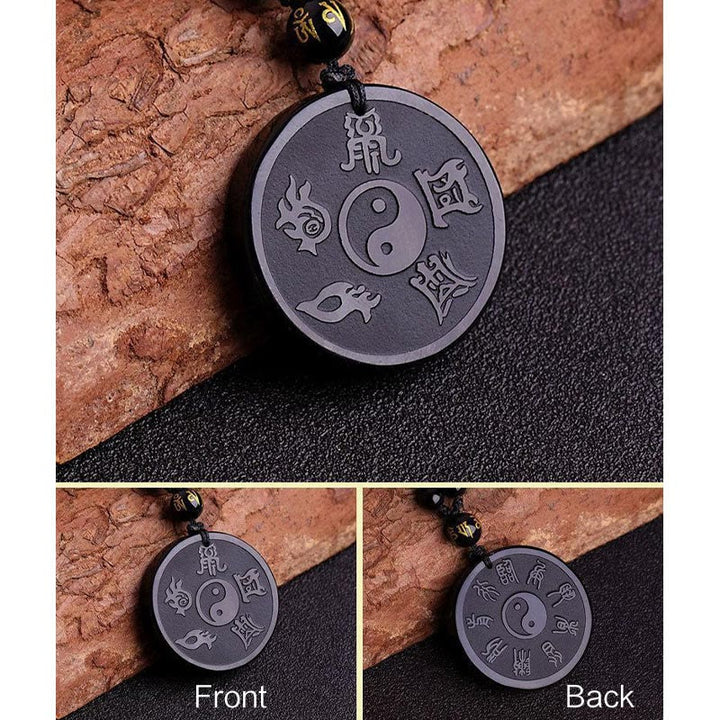 Buddha Stones Naturalny Czarny Obsydian Taoizm Pięć Świętych Gór Dziewięcioznakowa Mantra Rzeźbiona Siła Yin Yang Naszyjnik Wisiorek Brelok - image 7