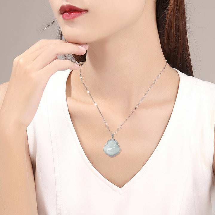 Buddha Stones Śmiejący się Budda Naturalny Jadeit Obfitość Tytanowa Stalowa Łańcuszek Wisiorek - image 2