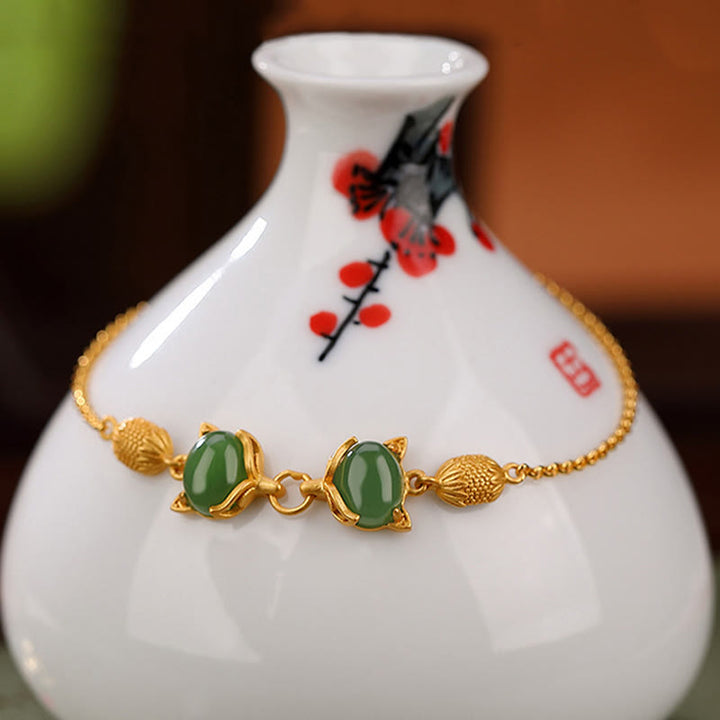 Buddha Stones 925 Srebro Sterling Naturalny Hetian Biały Jadeit Cyjan Jade Piękna Bransoletka Szczęścia Lisa