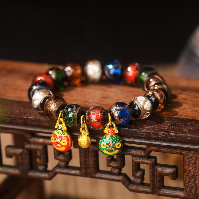 Buddha Stones Pięć Elementów Złota Połykająca Bestia Rodzina Charm Liuli Szklana Koralik Bransoletka Szczęścia