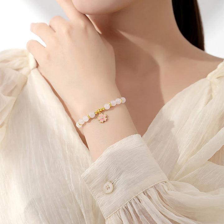 Bransoletka ochronna Buddha Stones 925 Sterling Silver Hetian White Jade Cherry Blossom
