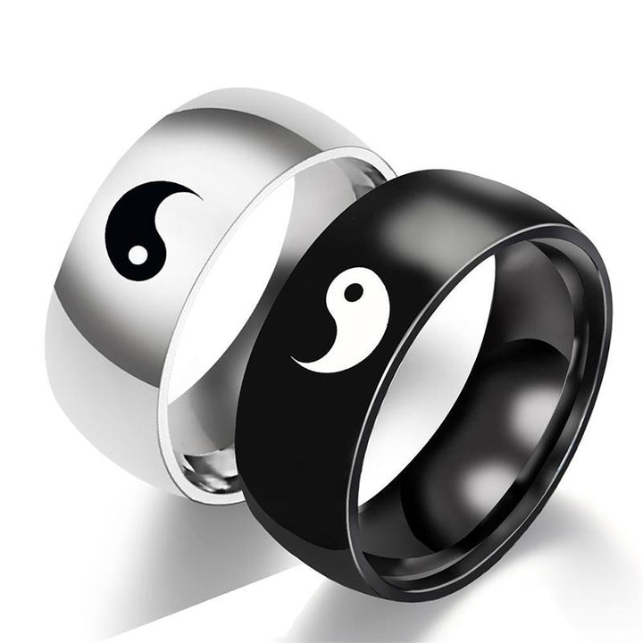Pierścionek dla par z Buddha Stones Yin Yang Balance ze stali tytanowej