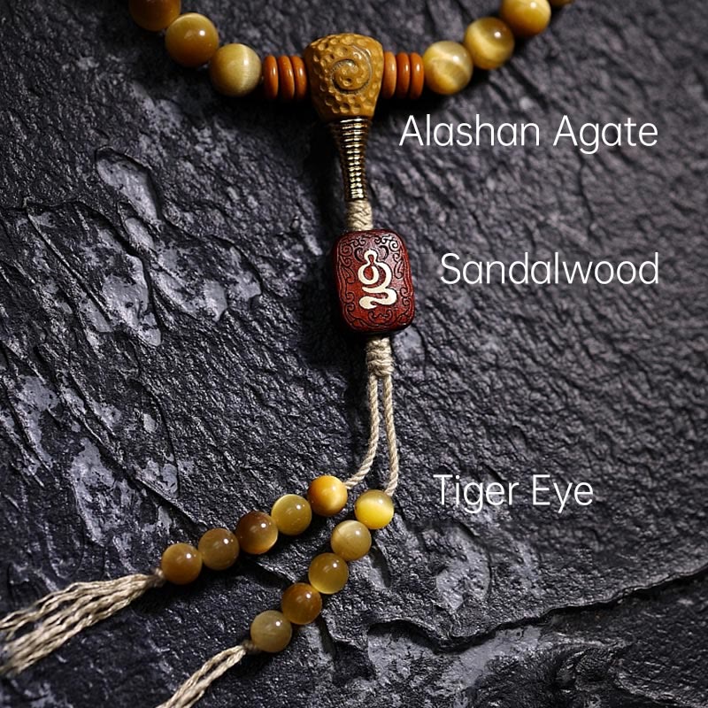 Buddha Stones 108 Mala Koraliki Naturalne Tygrysie Oko Miedź Dorje Ochrona Bransoletka z Chwostem