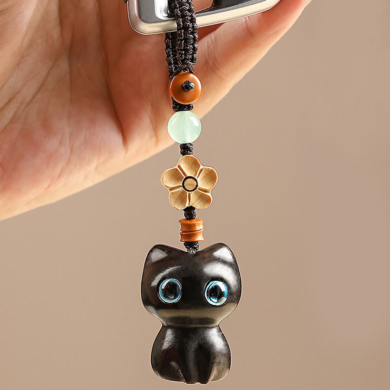 Buddha Stones Mini Mały Liść Czerwony Sandałowiec Drewno Hebanowe Szczęśliwy Kot Piękny Kotek Pokój Brelok Telefon Wiszący Dekoracja - image 7