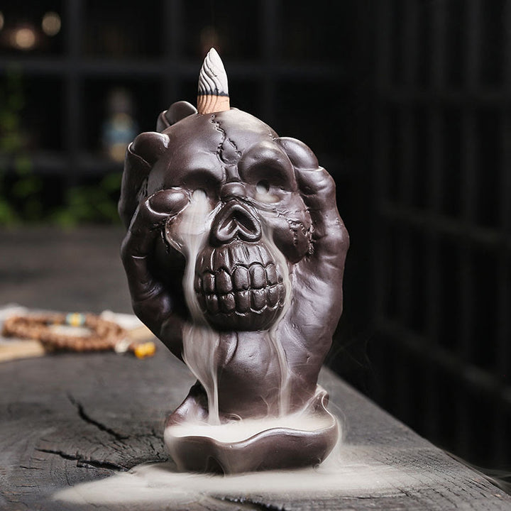 Buddha Stones Halloween Czaszka Z Dłonią Ducha Fioletowa Glina Duchowy Kadzielnica Dekoracja