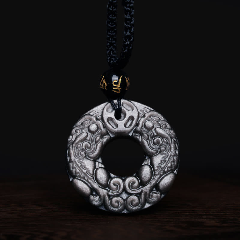 Buddha Stones Naturalny Srebrny Połysk Obsydian Podwójny PiXiu Miedziana Moneta Pokój Klamra Ochrona Naszyjnik Wisiorek - image 7