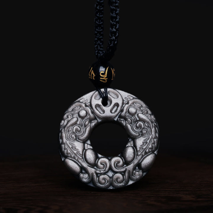 Buddha Stones Naturalny Srebrny Połysk Obsydian Podwójny PiXiu Miedziana Moneta Pokój Klamra Ochrona Naszyjnik Wisiorek - image 7