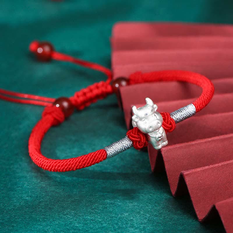 Buddha Stones 999 Srebro Sterling Chiński Zodiak Szczęście Siła Bransoletka z Czerwonego Sznurka
