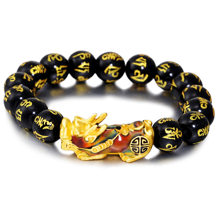 FengShui PiXiu Obsidian Om Mani Padme Hum Bransoletka Bogactwa