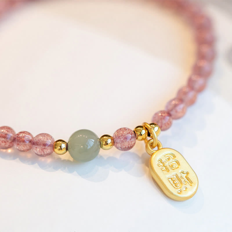 Buddha Stones Naturalny Kwarc Truskawkowy Granat Jadeit Szczęście Fortuna Fu Charakter Uzdrawiająca Bransoletka