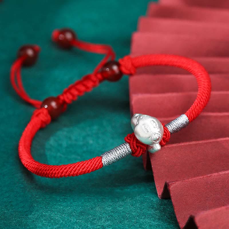 Buddha Stones 999 Srebro Sterling Chiński Zodiak Szczęście Siła Bransoletka z Czerwonego Sznurka