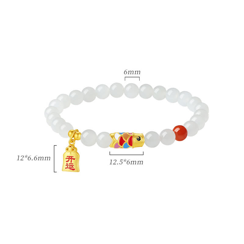 Buddha Stones 925 Srebro Sterlingowe Hetian Biały Jade Czerwony Agat Koi Ryba Szczęście Bransoletka