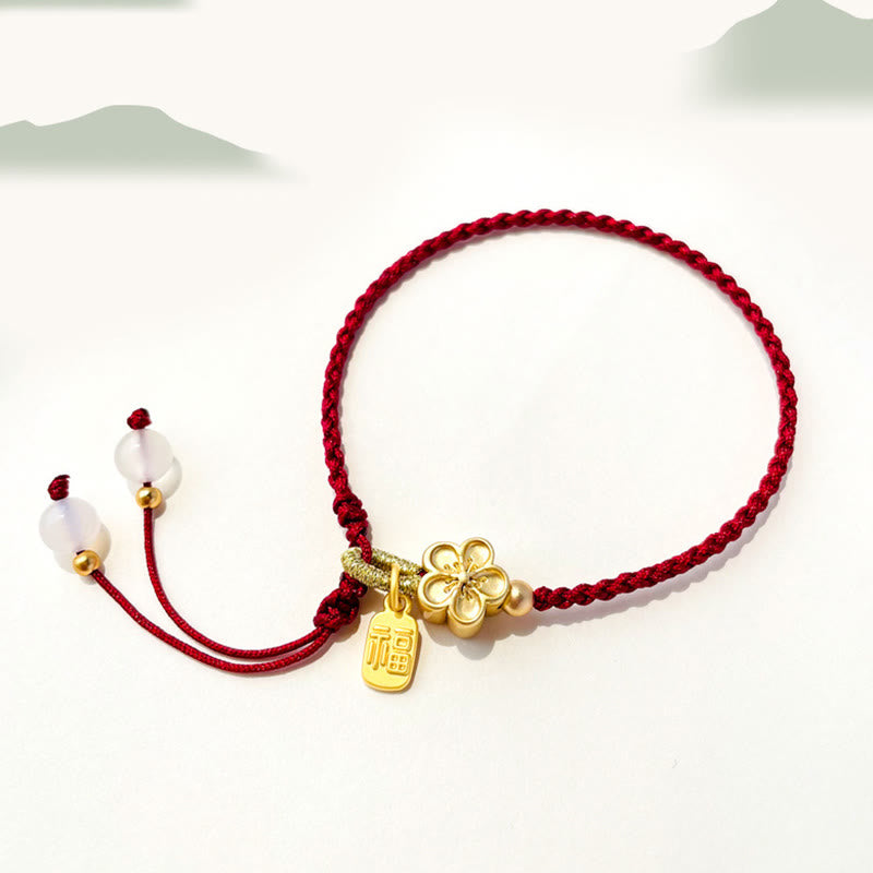 Buddha Stones Ręcznie Robione Brzoskwiniowe Kwiaty Rozeta Kokarda Węzeł Fu Charakter Charm Szczęście Fortuna Czerwona Bransoletka Lina