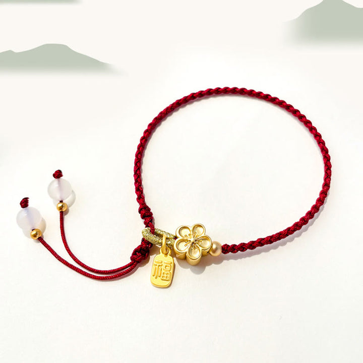 Buddha Stones Ręcznie Robione Brzoskwiniowe Kwiaty Rozeta Kokarda Węzeł Fu Charakter Charm Szczęście Fortuna Czerwona Bransoletka Lina