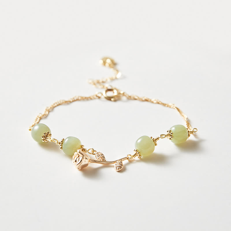Bransoletka z łańcuszkiem szczęścia z Buddha Stones 14K pozłacana jadeitem hetian i złotą różą