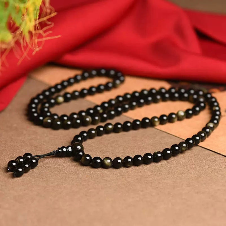 Buddha Stones 108 Mala Beads Naturalny Złoty Połysk Obsydian Bransoletka Bogactwa