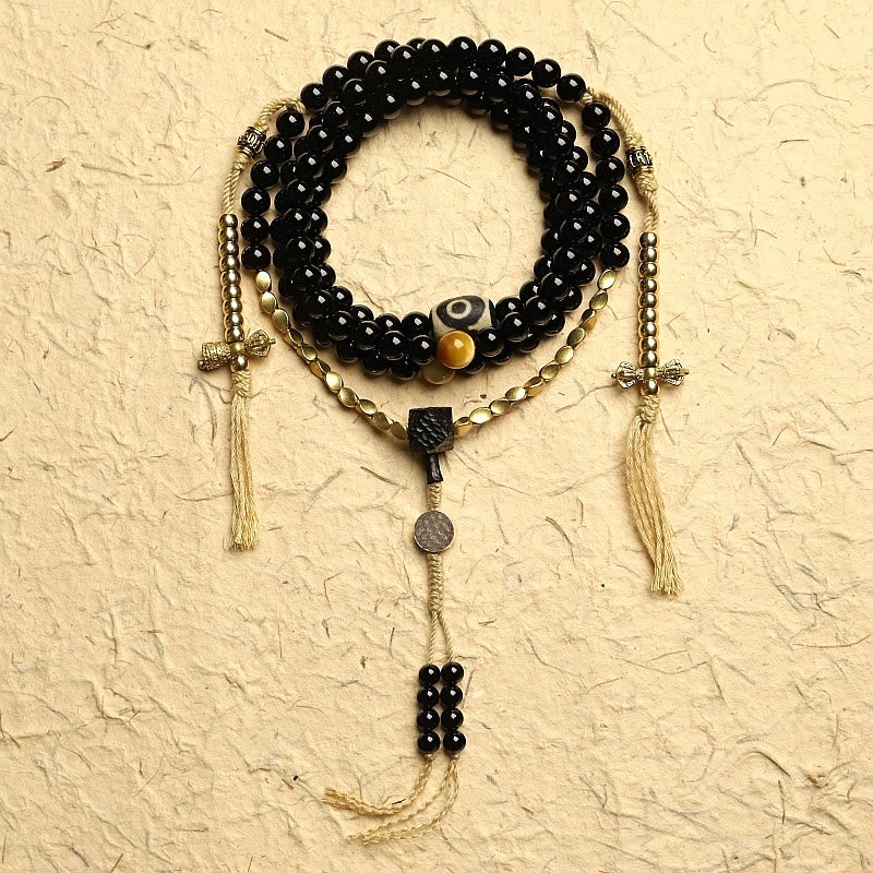 Buddha Stones Tybetańskie 108 Mala Koraliki Czarny Onyks Trójoczne Koraliki Dzi Bransoletka Ochronna - 8 mm - Czarny onyks i miedź - image 0