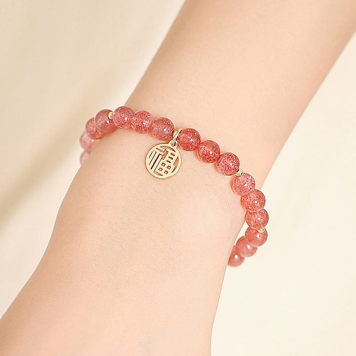 Bransoletka z Buddha Stones 14K pozłacana kwarcem truskawkowym Fu Character Healing Charm