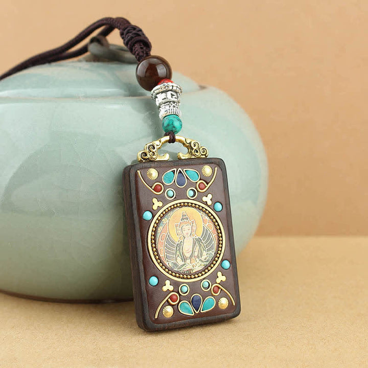 Buddha Stones Tybet Bóg Bogactwa Thangka Ebony Naszyjnik Pokój Wisiorek