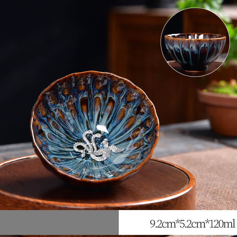 Buddha Stones Lotos Paw Smok Feniks Ryba Koi Ceramiczna filiżanka do herbaty Intarsjowane filiżanki do herbaty 120 ml - Srebrny - Feniks - image 21
