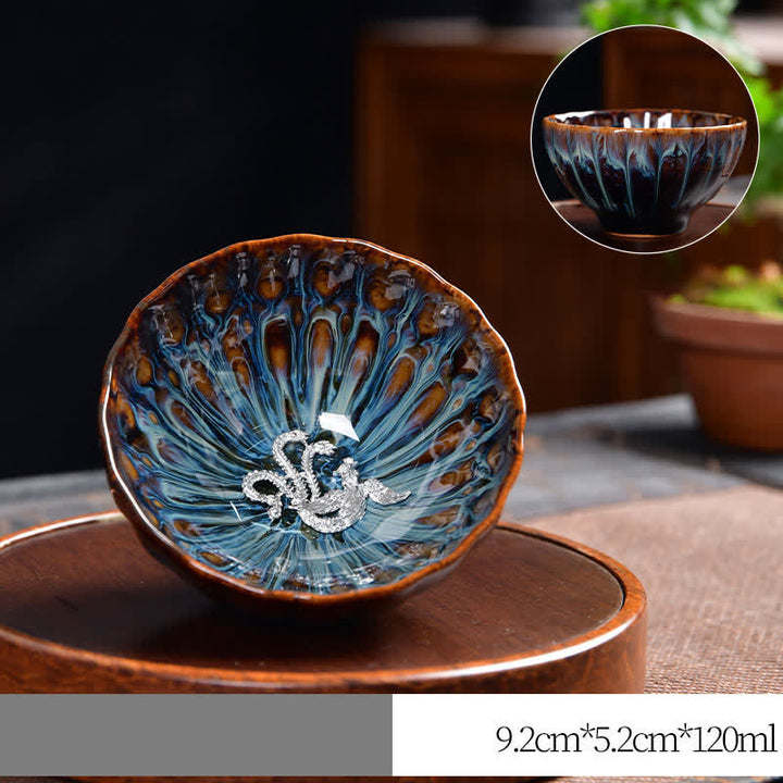 Buddha Stones Lotos Paw Smok Feniks Ryba Koi Ceramiczna filiżanka do herbaty Intarsjowane filiżanki do herbaty 120 ml - Srebrny - Feniks - image 21