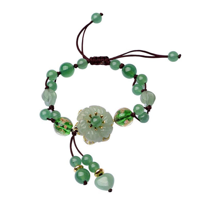 Bransoletka z naturalnego zielonego jadeitu z kwiatami szczęścia i Buddha Stones