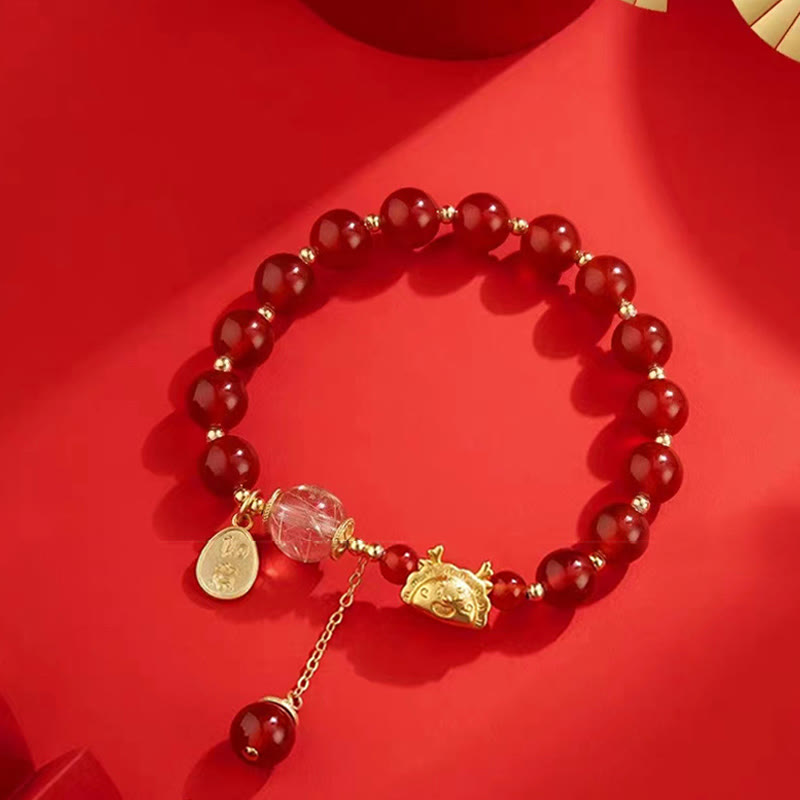 Buddha Stones Rok Smoka Pierożek Naturalny Czerwony Agat Granat Hetian Jade Fu Charakter Szczęście Sukces Bransoletka
