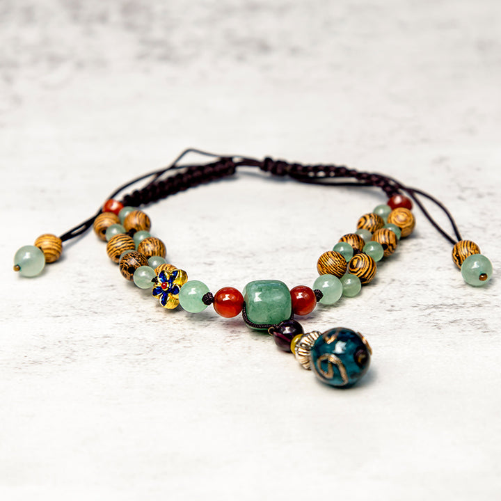Buddha Stones Bransoletka chroniąca równowagę z drewna wenge z zielonym awenturynem