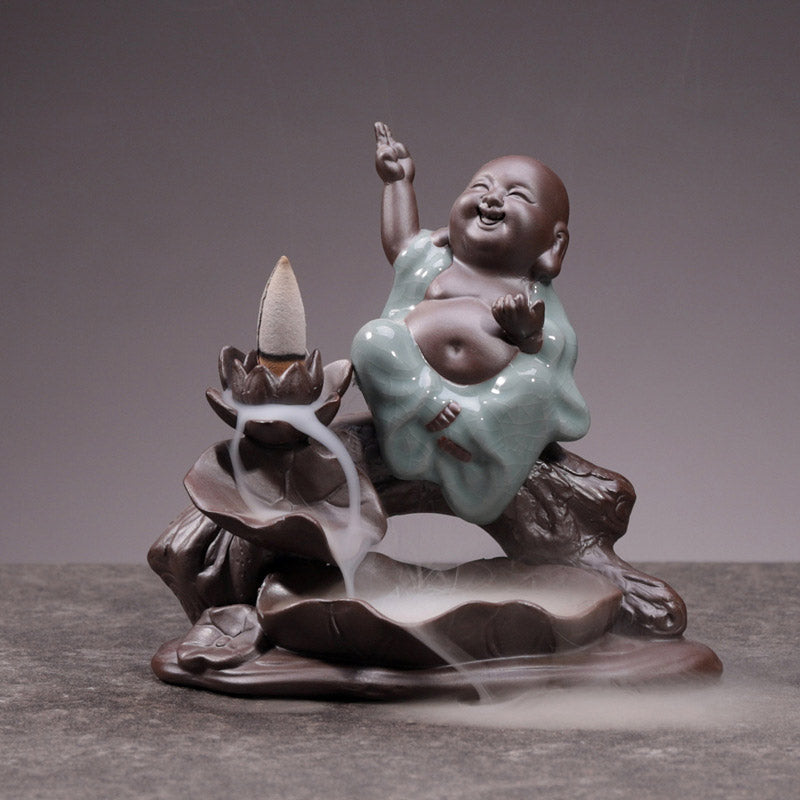 Buddha Stones Mały Mnich Ceramiczny Lotos Błogosławieństwo Kadzielnica Dekoracja