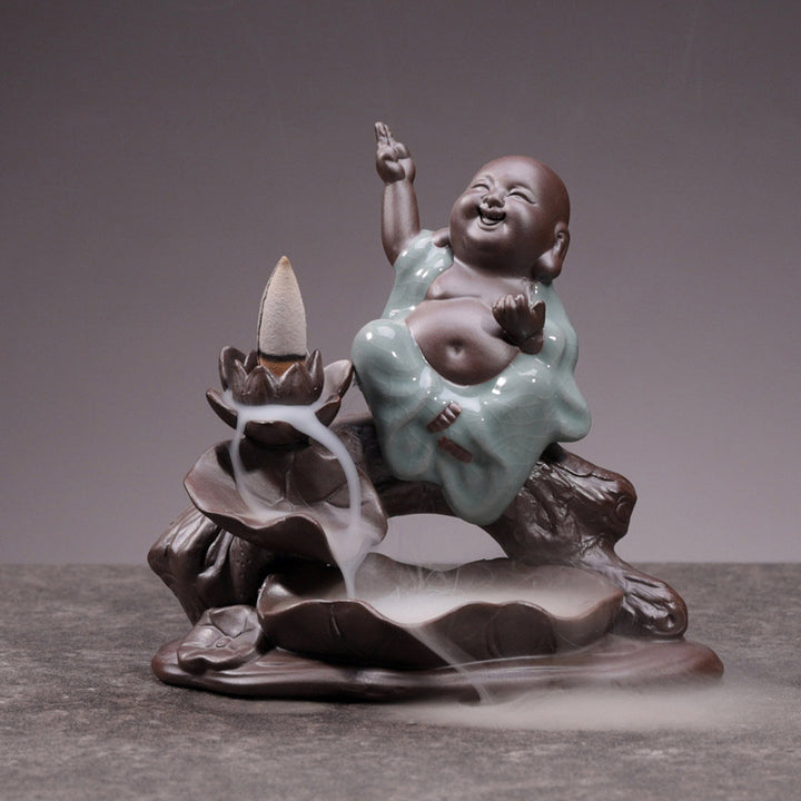 Buddha Stones Mały Mnich Ceramiczny Lotos Błogosławieństwo Kadzielnica Dekoracja