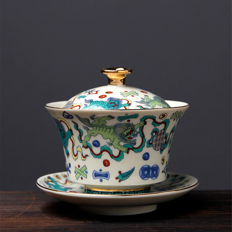 Buddha Stones Retro Śliwkowy Kwiat Sosna Bambus Feniks Kirin Ceramiczny Gaiwan Sancai Filiżanka do herbaty Kung Fu Filiżanka do herbaty i spodek z pokrywką