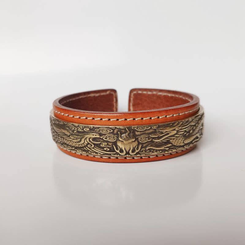Buddha Stones 2szt. Om Mani Padme Hum Smok Feniks Miedziana Skórzana Bransoletka Pokoju Mankiet Bangle