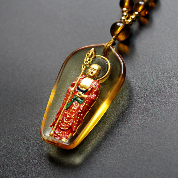 Buddha Stones Ksitigarbha Budda Liuli Kryształowy Amulet Współczucia Naszyjnik Wisiorek - Żółty Stojący Ksitigarbha - image 1