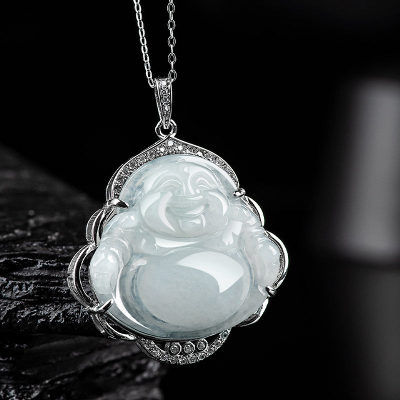 Buddha Stones 925 Srebro Sterlingowe Śmiejący się Budda Naturalny Jadeit Obfitość Naszyjnik Wisiorek - image 2