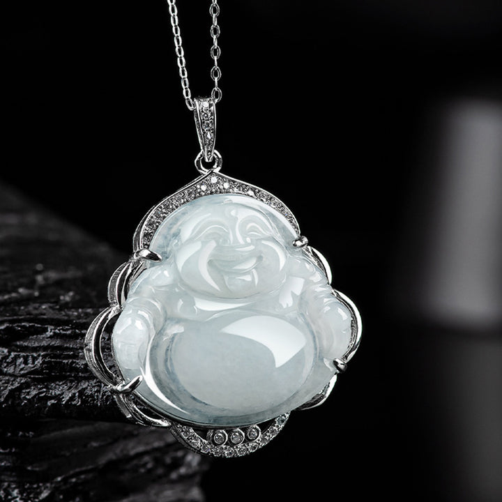 Buddha Stones 925 Srebro Sterlingowe Śmiejący się Budda Naturalny Jadeit Obfitość Naszyjnik Wisiorek - image 2