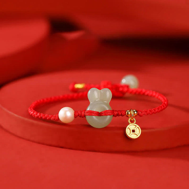 925 Srebro Sterling Rok Królika Hetian Jade Miedź Moneta Bogactwo Bransoletka z Czerwonego Sznurka