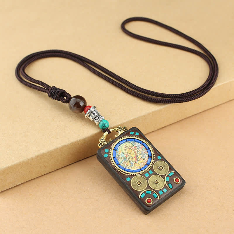 Buddha Stones Tybet Bóg Bogactwa Thangka Ebony Naszyjnik Pokój Wisiorek