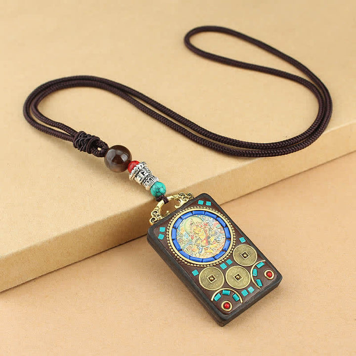 Buddha Stones Tybet Bóg Bogactwa Thangka Ebony Naszyjnik Pokój Wisiorek