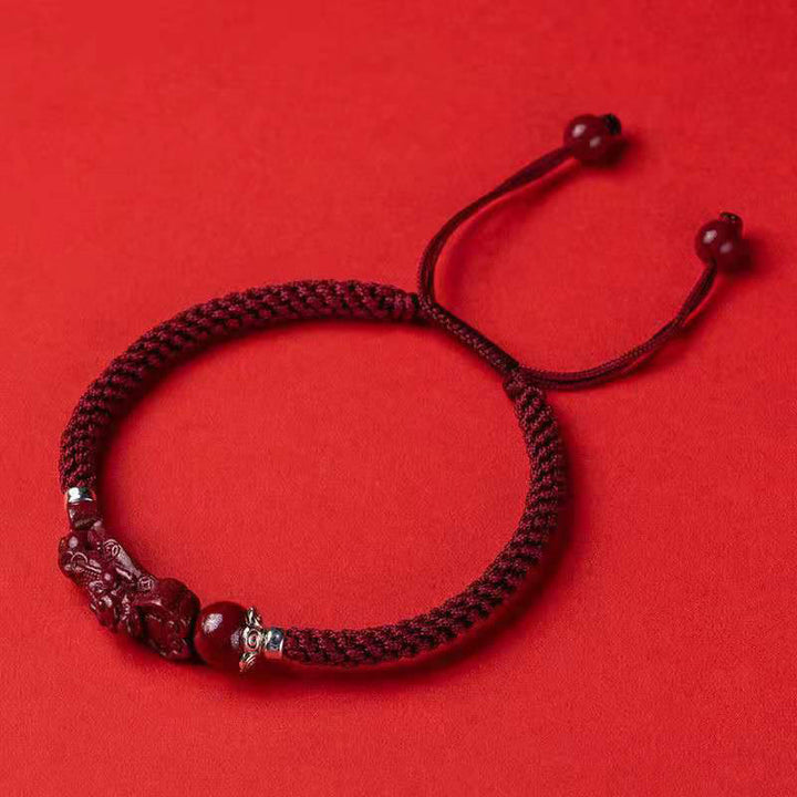 Buddha Stones Ręcznie robione PiXiu Cinnabar Wealth Luck Bransoletka pleciona - Ciemnoczerwona regulowana lina - 17 cm - image 17