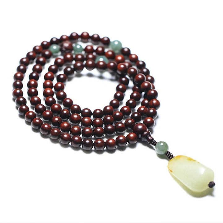 Buddha Stones Tybetańskie Małe Liście Czerwone Drzewo Sandałowe Jadeit Mala Medytacyjna Bransoletka