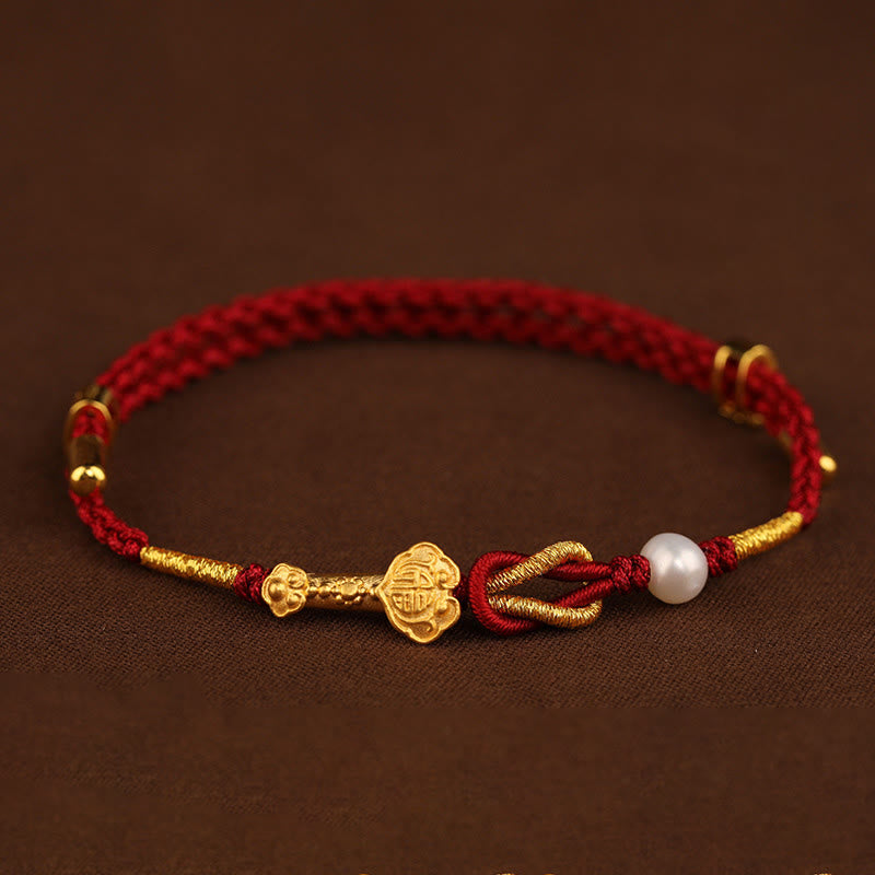Buddha Stones 24K Złoty Uchwyt Życzenia Ruyi Fu Charakter Królik Perła Szczęście Bransoletka Pleciona