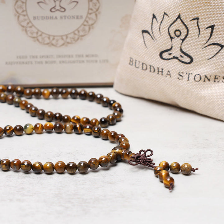 Buddha Stones Tybetańskie 108 Naturalne Koraliki z Tygrysiego Oka Modlitwa Mala Bransoletka Naszyjnik