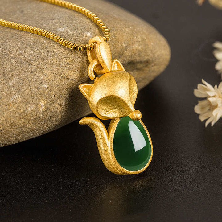 Buddha Stones Zielony Chalcedon Wzór Lisa Naszyjnik Wisiorek Odwaga