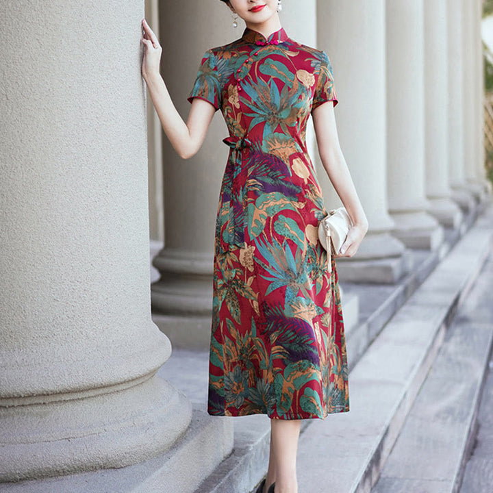 Suknia Qipao z Buddha Stones z jedwabiu w stylu retro z wzorem liści kwiatów i kwiatów, damska sukienka Cheongsam