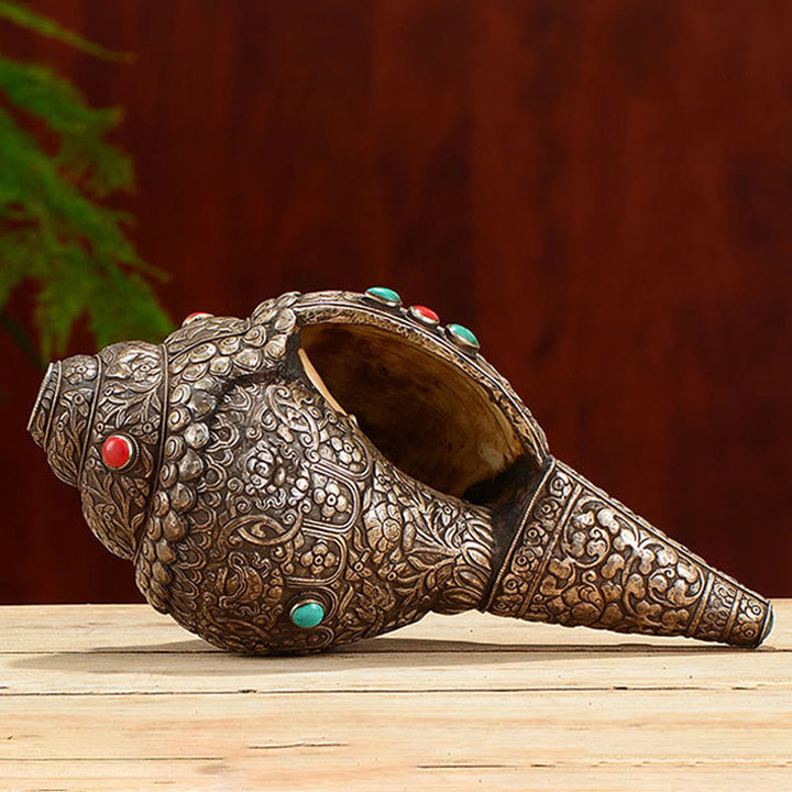 Tybetańska ręcznie robiona naturalna Shankha z ośmioma pomyślnymi symbolami, muszla Conch, szczęśliwa dekoracja domu