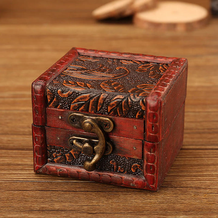 Buddha Stones Retro Małe Kwadratowe Drewniane Pudełko Na Biżuterię Kwiat Lotosu Trawa Winogrono Miedziana Moneta Żonkil Pudełko Do Przechowywania Biżuterii